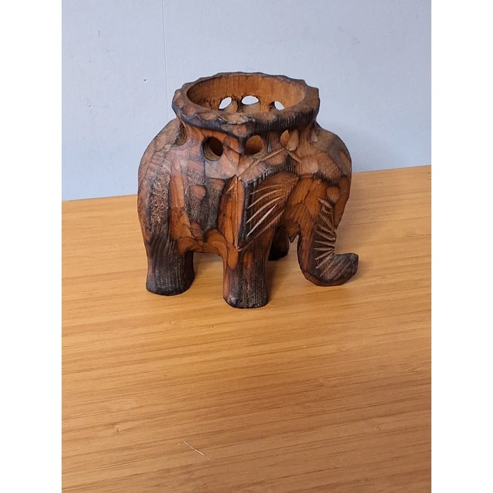 Hand Carved Wooden Elephant Trinket Candle Planter Holder‎
